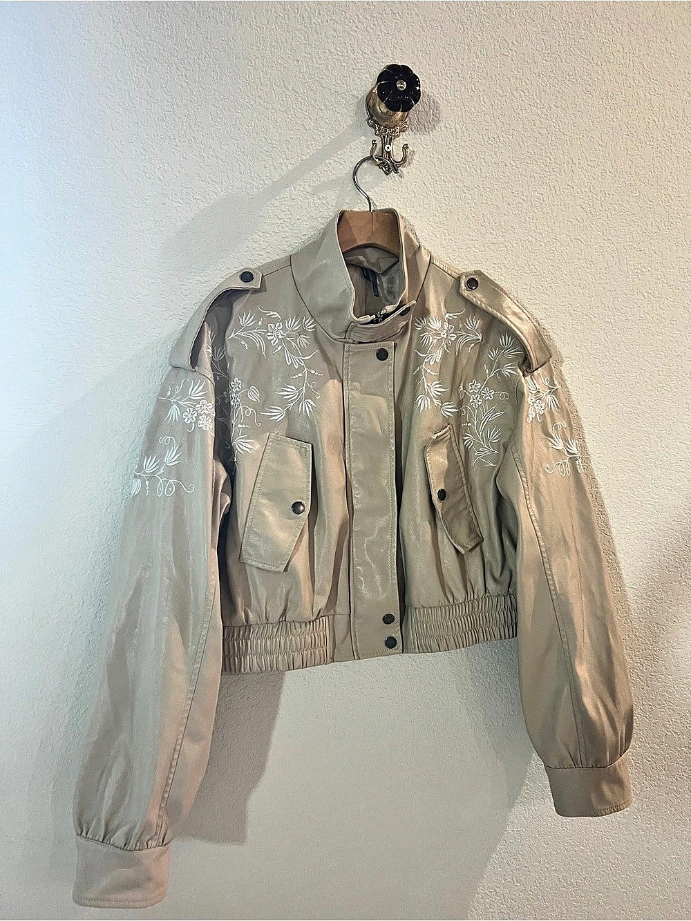 Anthropologie Vegan Leather Floral Embroidered Bomber Jacket Beige Medium